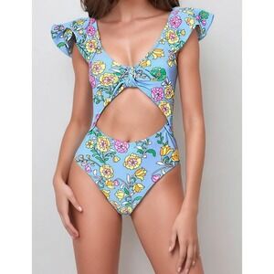 Jessie Zhao New York Flower One Piece Swimsuit Blue Multi Ruffle Cutout‎ Size M